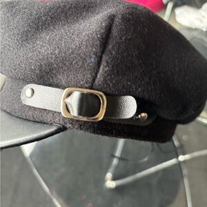 Black Wool Beret with Leather Strap